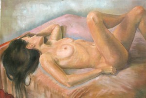 women nude laying in a bed painted with oil painting,